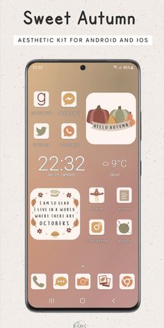 an iphone screen with the text sweet autumn on it and icons in orange, white and brown