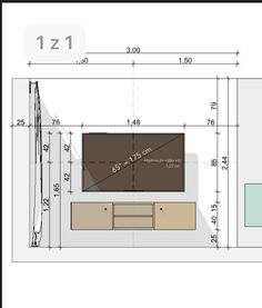 a drawing of a living room with furniture and measurements