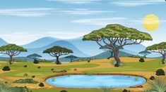 an african landscape with trees, water and mountains in the backgrounnd illustration