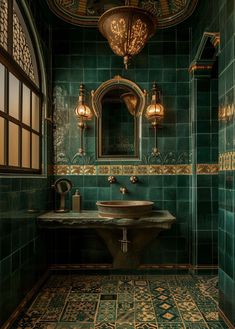 Art Deco bathroom vanity makeover inspirations turning basic into extraordinary with vintage charm Dark Bathroom Tiles, Dark Bathroom Paint Colors, Dark Bathroom Paint, Moody Bathroom Design, Moody Bathroom Ideas, Art Deco Bathroom Vanity, Art Nouveau Bathroom, Modern Vintage Bathroom, Moody Bathroom