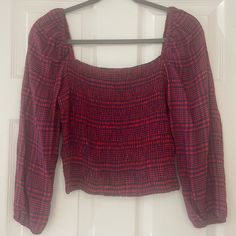 Plaid Long Sleeve Crop Top. Smocked Bodice. Size Medium. Brand Abercrombie & Fitch. Never Worn. Long Sleeve Smocked Top For Day Out, Long Sleeve Smock Top For Day Out, Casual Plaid Smocked Top, Casual Plaid Smocked Top With Smocked Bodice, Fitted Plaid Smocked Top With Smocked Back, Casual Plaid Smocked Top With Smocked Back, Casual Red Smocked Top For Fall, Casual Red Smock Top, Casual Long Sleeve Smocked Top With Elastic Neckline