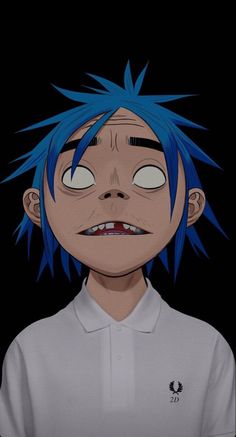 an anime character with blue hair wearing a polo shirt and looking at the camera while standing in front of a black background