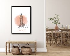 a living room with a table, chairs and a clock tower poster on the wall