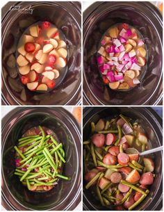 four pictures show different stages of cooking potatoes, green beans and other vegetables in an instant pot