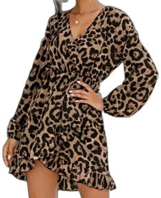 Elegant Leopard Print V-neck Mini Dress, Elegant Long Sleeve Leopard Print Mini Dress, Chic Long Sleeve Leopard Print Mini Dress, Leopard Print Dress With Ruffles For Fall, Fall Leopard Print Dress With Ruffles, Brown V-neck Ruffled Midi Dress, Brown V-neck Midi Dress With Ruffles, Chic Leopard Print V-neck Mini Dress, Brown Long Sleeve Mini Dress For Date Night