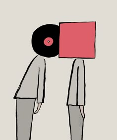 a person with a record on their head is standing in front of a red square