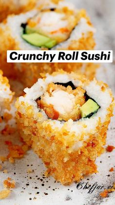 sushi rolls with cucumber on top and the words crunch roll sushi above it