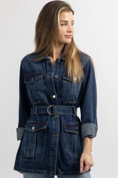 Denim Outerwear With Belt Loops For Work, Casual Denim Jacket With Belt Loops, Belted Utility Jacket For Work, Casual Long Sleeve Belted Outerwear, Casual Long Sleeve Outerwear With Belt, Belted Denim Jacket For Workwear, Long Sleeve Denim Outerwear With Belt Loops, Fall Denim Jacket With Belted Cuffs, Utility Long Sleeve Outerwear With Buckled Cuffs