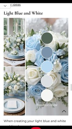 the wedding color scheme for blue and white is shown on an iphone screen, next to a