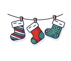 three christmas stockings hanging on a clothes line