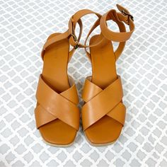 Nwob Everlane Leather Clog Sandal In Cognac- Crisscross Leather Upper With Wooded Sole, Cushioned Footbed, Ankle Strap With Buckle. Heel Height Approx 3 Inch. Smoke And Pet Free Home, Tiny Spot On One, See Last Pic. Bin#Om9 Beach Mules With Heel Strap And Round Toe, Leather Clogs With Round Toe For Vacation, Brown Open Toe Clogs With Woven Sole, Leather Closed Toe Clogs For Vacation, Leather Ankle Strap Mules For Beach, Leather Clogs With Wedge Heel For Vacation, Ankle Strap Wedge Sandals With Leather Sole For Beach, Beach Ankle Strap Wedge Sandals With Leather Sole, Beach Sandals With Block Heel And Leather Sole