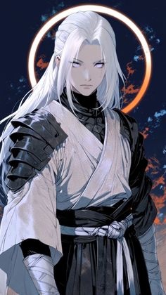 an anime character with white hair and black clothes standing in front of a full moon