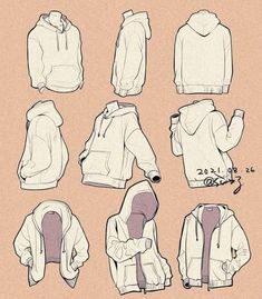 an image of various hoodies and sweatshirts that are drawn in pencil on paper