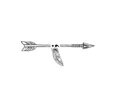 an arrow with two feathers on it is drawn by hand in black and white ink