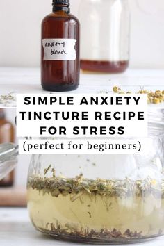 A glass jar with the lid open with herbs steeping in alcohol. There is an amber dropper bottle in the background. An amber glass dropper bottle with a label that says "anxiety blend". There is dried chamomile and lavender in front o fit. Homemade Herbal Tinctures, Immunity Tincture Recipe, Apothecary Recipes Remedies, Toothache Plant Tincture, Amber Apothecary Jars, Dropper Bottle Uses, Raspberry Tincture, Sweet Gum Ball Tincture, Home Made Medicine