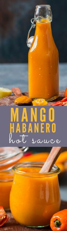 mango habanero hot sauce in small glass jars with spoons on the side