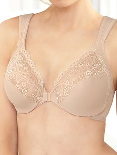 Looking beautiful and feeling confident come naturally when wearing this elegant front-closure bra. That's because the brassiere combines moisture-wicking cups with hidden bands to support the bust while preventing the underwire from touching your body. The result is all-day comfort (no poking underwires, here!) and shaping that makes you look your best. Front-close styleMoisture-wicking lace cupsHidden-comfort bandsSide-shaping panelsWide, adjustable strapsNylon/polyester/spandexHand wash, line Beige Underwire Bra With Moderate Coverage, Elegant Full Cup Bra With Soft Touch, Elegant Full Cup Soft Touch Bra, Elegant Full Coverage Soft Touch Bra, Elegant Soft Touch Bra, Elegant Nursing Bra With Underwire And Moderate Coverage, Elegant Underwire Nursing Bra With Moderate Coverage, Classic Underwire Bra With Soft Touch, Elegant Nursing Bra With Moderate Coverage