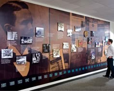 a man standing in front of a wall covered with pictures and information about men's history