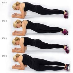 a woman doing three different exercises with her hands on her hips