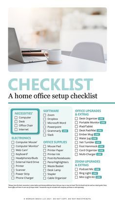 an office setup checklist is shown in this brochure for the home office