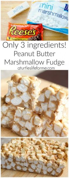 the ingredients for this peanut butter marshmallow fudge are shown in three different pictures