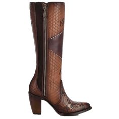 Style number: CU561. Chestnut brown western boots. Python foot. 14" genuine leather shaft. Intricate handwoven details. Laser engraved Cuadra logos. Accented stud detailing. Stretched elastic siding for a comfortable & adjustable fit. Inner zipper for easy on/off access. Round toe shape. 3.5" heel. Brown Western Boots, Womens Tall Boots, Leather Satchel Handbags, Chestnut Brown, California Style, Goodyear Welt, Satchel Handbags, Tall Boots, Leather Satchel