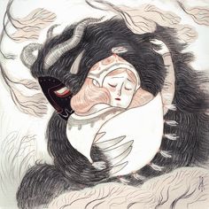 a drawing of a woman sleeping on top of a black animal with horns and eyes closed