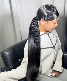 Ponytail For Black Women Weave, Swoop Fishtail Ponytail, Swoop Ponytail With Fishtail Braid, Two Ponytails With Bows, Sleek Ponytail Hairstyles For Black Hair, Hairstyles For 13th Birthday, Swoop Ponytail Weave Curly, Breezy Wave Ponytail, Ponytail Styles With Weave