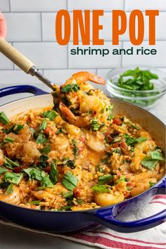 one pot shrimp and rice in a blue skillet