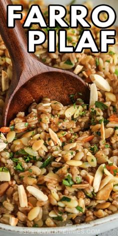 farro pilaf in a white bowl with a wooden spoon and text overlay