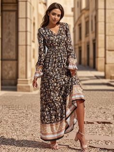 Peilia - Bohemian V-Neck Maxi Dress with Floral Print and High Waist - Womens Elegant Attire Bohemian V-neck Maxi Dress With Paisley Print, Patterned Flowy V-neck Boho Dress, Flowy Patterned Boho Dress With V-neck, Flowy Patterned V-neck Boho Dress, Black Boho Print V-neck Dress, Bohemian Brown V-neck Boho Dress, Brown V-neck Boho Dress For Festival, Black V-neck Maxi Dress With Boho Print, Black V-neck Boho Dress With Boho Print