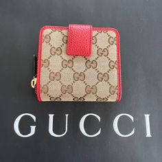 Model: 346056 Gucci Original Beige Canvas With Red Leather Trim Light Gold-Tone Hardware Zip Around Closure 6 Credit Card Slots, Coin Compartment, Money Flap Small Size, Measures 4 Length X 4 Height X 1.5 Width Inches Includes Certificate Of Authenticity And Dust Bag And Box Made In Italy Brown Wallet, Gold G, Gucci Monogram, Card Case Wallet, Gucci Wallet, Wallet Chain, Wallet Bag, Pink Beige, Green Leather