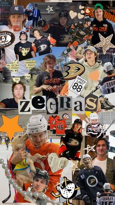 the collage shows many different sports related items, including hockey gear and people wearing hats