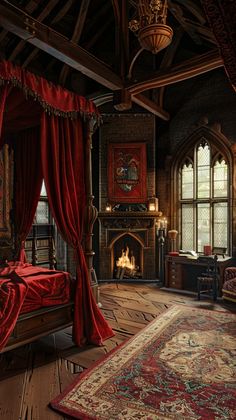 a bedroom with red curtains and a fireplace in the corner next to a bed that has a large rug on top of it