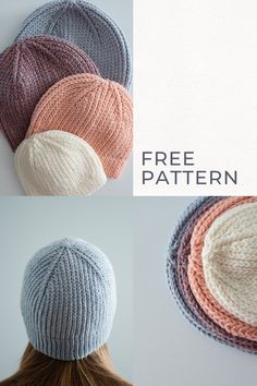 three different knitted hats with the text free pattern above them and below it, on top of a woman's head