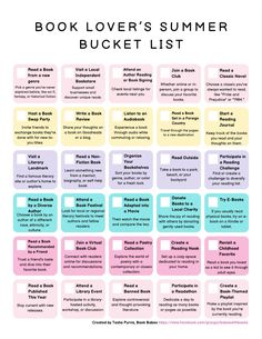 the book lover's summer bucket list is shown in pink, blue and yellow