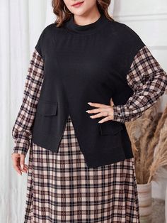 Plus Size Women's Plaid Patchwork Muslim Long Dress, Casual Home Wear Maxi Women Outfit Multicolor Casual  Long Sleeve Woven Fabric Colorblock,Plaid Tunic Non-Stretch  Women Plus Clothing, size features are:Bust: ,Length: ,Sleeve Length: Muslim Long Dress, Plaid Tunic, Casual Home, Long Dress Casual, Printed Shirt Dress, Women Maxi, Home Wear, Women Outfit, Inspiration Mode