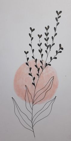 a drawing of a plant with pink and black circles in the background on a white wall