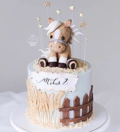 there is a cake with a horse on it and stars in the sky around it