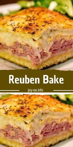 easy reuben bake recipe on a plate with lettuce