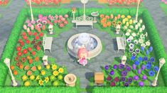 an animal crossing game is shown in the middle of a garden with flowers and benches