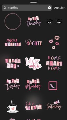 pink and black stickers with words on them