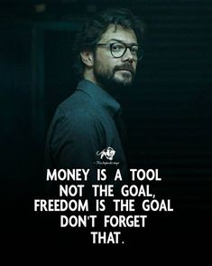 a man with glasses is looking at the camera and has a quote on it that says money