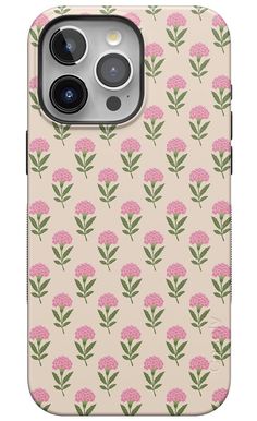 the pink flower phone case is designed to look like it has green leaves on it