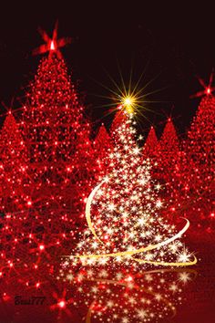 a christmas tree is lit up in red and white with stars on it, surrounded by other trees