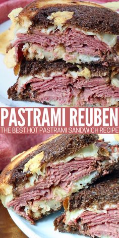 the pastrami reuben sandwich is cut in half and stacked on top of each other