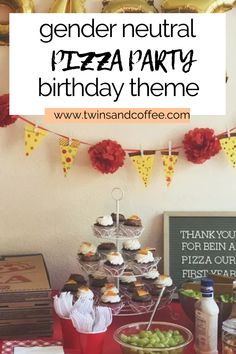 a birthday party with pizza and cupcakes on the table, along with other food items