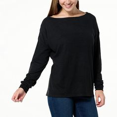 DG2 by Diane Gilman Brushed Knit Ruched Sleeve Off-Shoulder Top  Like a warm (fashionable) hug, this oh-so-soft brushed sweater knit top wraps you in stylish comfort. A one-shoulder, boat neckline and long dolman sleeves with ruching make this classic pullover the perfect transitional piece for workday-to-weekend looks. Ruched Sleeve, Draped Fabric, Boat Neckline, Off Shoulder Tops, Sweater Knit, Dolman Sleeve, Shoulder Top, Knit Top, Fashion Clothes Women