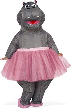 a cartoon hippo is dressed in a pink tutu skirt and grey tights