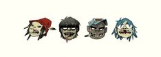 five cartoon faces with different hair styles and facial expressions, all wearing headgear